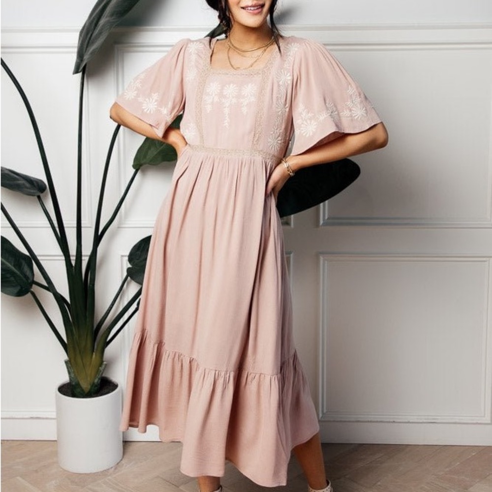 Bohme Kristin Embroidered Midi Dress in soft pink with  embroidery. Worn once.